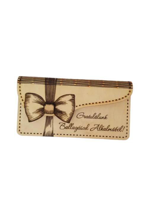Személyre szabott masnis gravírozott fa ballagási pénzátadó boríték rugalmas fa zsanérral