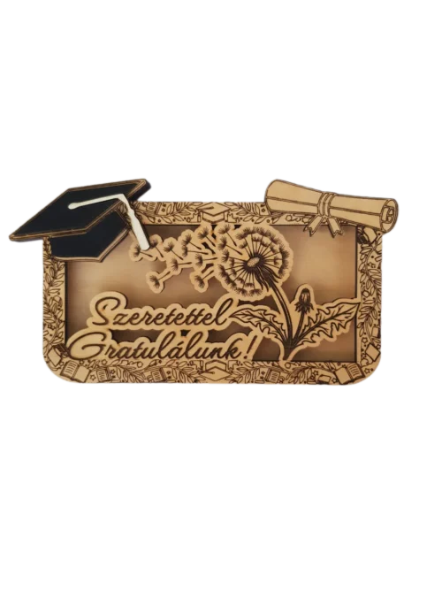 Gravírozott fa pénzátadó ballagásra kalappal és oklevéllel, üresen