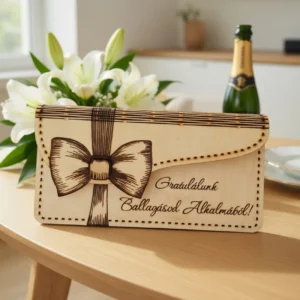 Asztalon álló gravírozott masnis fa ballagási pénzátadó boríték ballagásra pezsgővel és liliomokkal