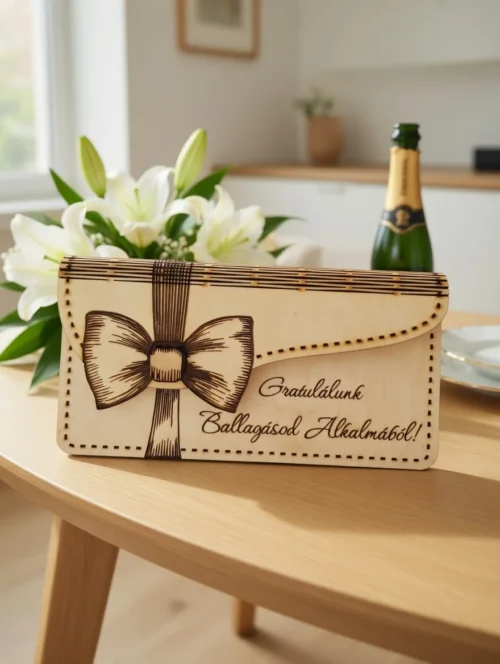 Asztalon álló gravírozott masnis fa ballagási pénzátadó boríték ballagásra pezsgővel és liliomokkal