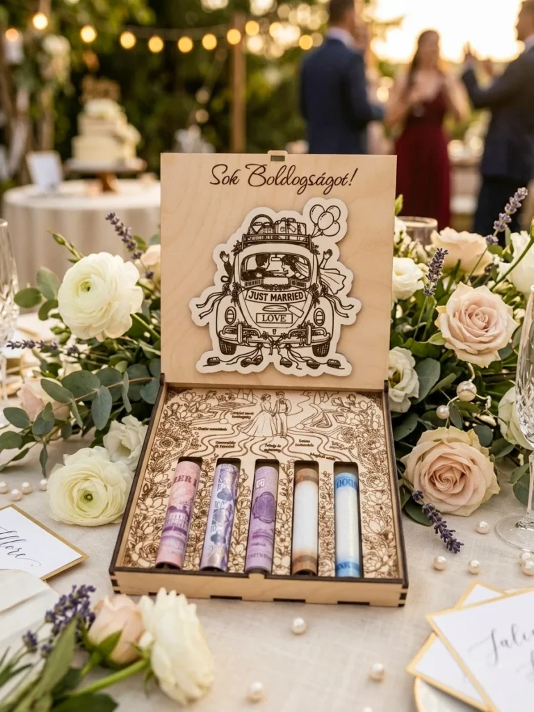 Nyitott esküvői pénzátadó doboz Just Married autós grafikával és bankjegy tekercsekkel